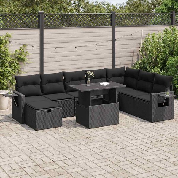 vidaXL 9 pcs conjunto de sof&aacute;s p/ jardim c/ almofad&otilde;es vime PE preto