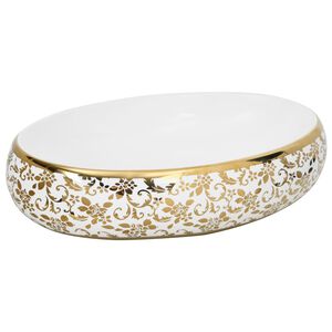 vidaXL Lavat&oacute;rio de bancada oval 59x40x15 cm cer&acirc;mica branco e dourado