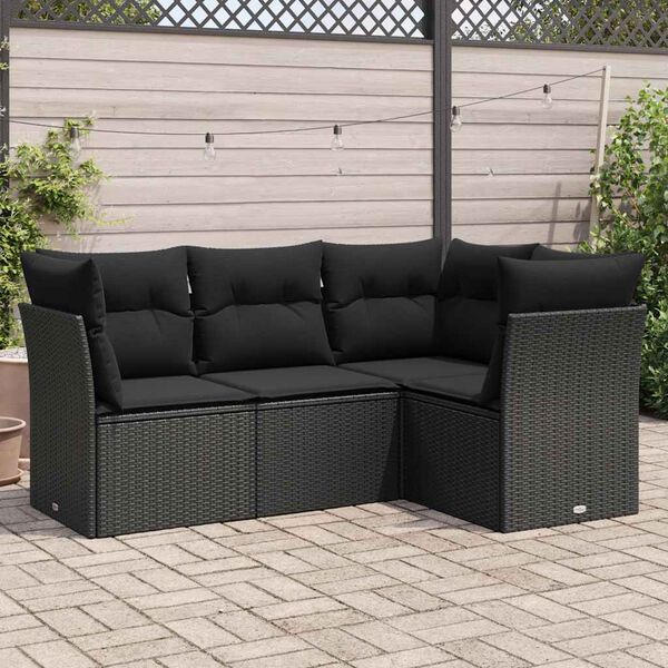 vidaXL 4 pcs conjunto de sof&aacute;s para jardim c/ almofad&otilde;es vime PE preto