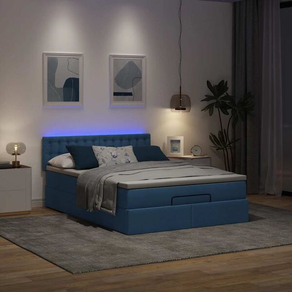 vidaXL Cama Otomana com Colch&atilde;o & LEDs Azul 140x190cm Tecido