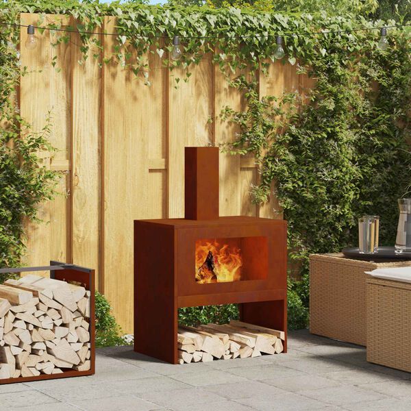 vidaXL Fire Pit Castanho 60 x 40 x 96 cm A&ccedil;o resistente &agrave;s intemp&eacute;ries