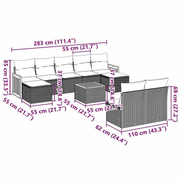 vidaXL 10 pcs conjunto sof&aacute;s de jardim c/ almofad&otilde;es vime PE preto