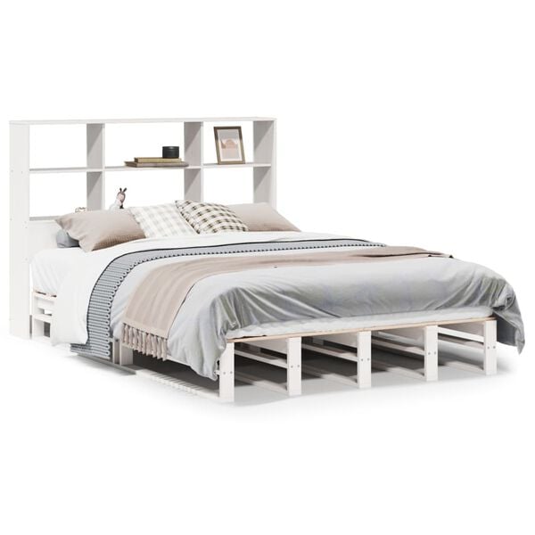 vidaXL Cama com estante sem colch&atilde;o 120x190 cm madeira maci&ccedil;a branco
