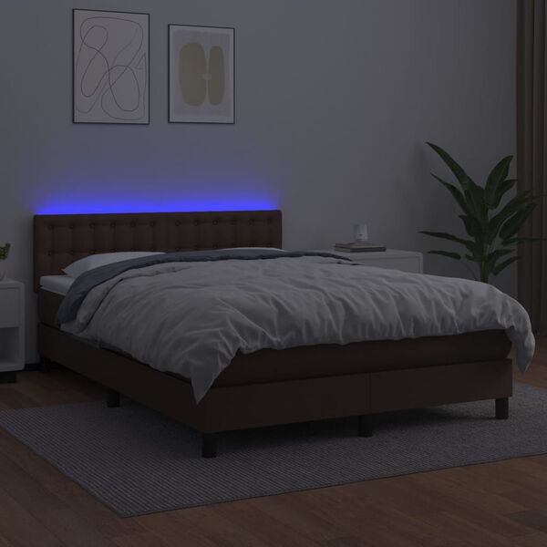 vidaXL Cama box spring c/ colch&atilde;o/LED 140x190 cm couro artif. castanho