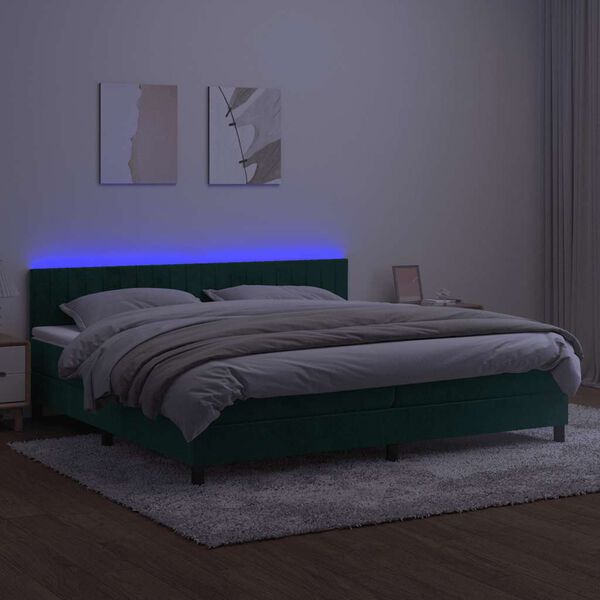 vidaXL Cama box spring c/ colch&atilde;o/LED 200x200 cm veludo verde-escuro