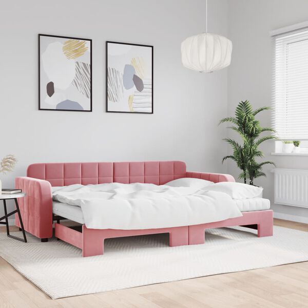 vidaXL Sofá-cama com gavetão e colchões 80x200 cm veludo rosa