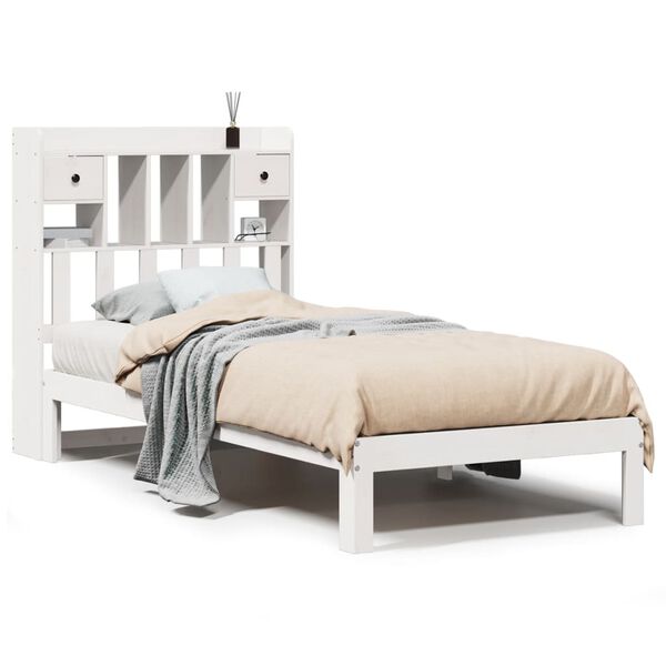 vidaXL Cama com estante sem colch&atilde;o 90x190 cm pinho maci&ccedil;o branco