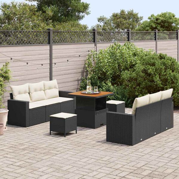 vidaXL Conjunto de Sof&aacute; de Jardim com almofada 9 pcs Preto e creme
