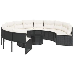 vidaXL Sof&aacute; de jardim com mesa e almofad&otilde;es redondo vime PE preto