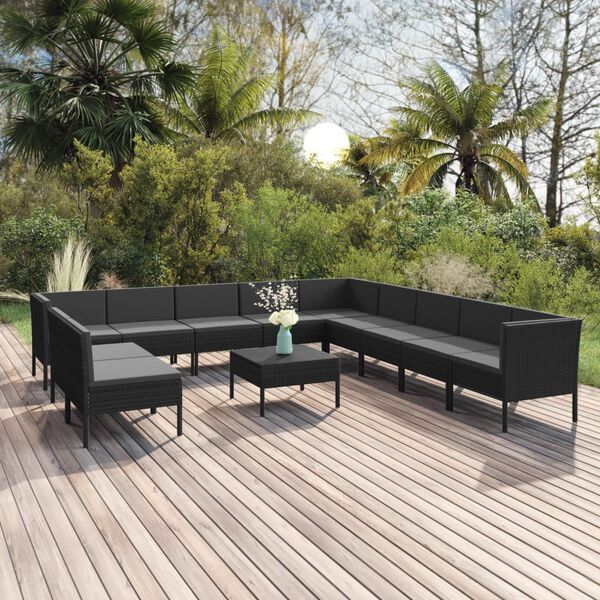 vidaXL 12 pcs conjunto lounge de jardim c/ almofadões vime PE preto