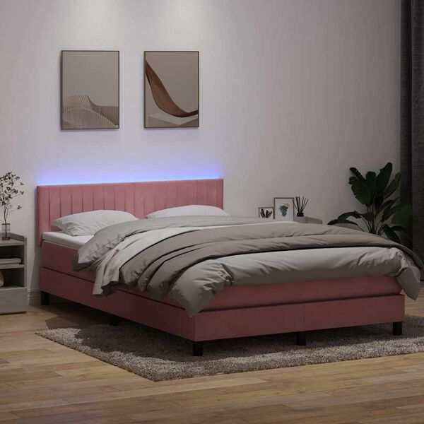 vidaXL Cama box spring c/ colch&atilde;o e LED 160x210 cm veludo rosa
