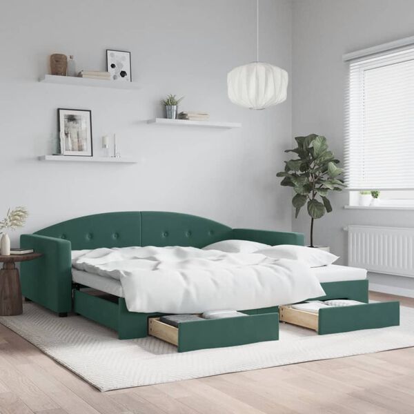 vidaXL Sof&aacute;-cama c/ gavet&atilde;o e gavetas 100x200 cm veludo verde-escuro