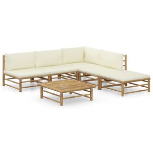 vidaXL 6 pcs conj. lounge p/ jardim em bambu c/ almofadões branco nata