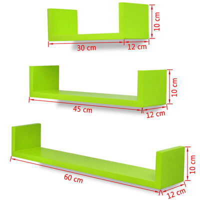 Conjunto 3 prateleiras de parede em forma de U MDF verde
