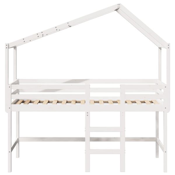 vidaXL Cama alta c/ escada e telhado 90x190 cm pinho maci&ccedil;o branco