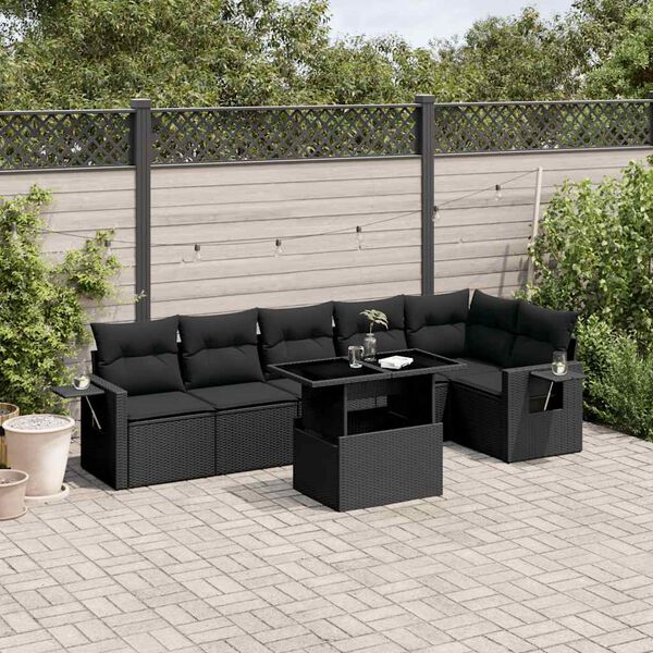 vidaXL 7 pcs conjunto de sof&aacute;s p/ jardim c/ almofad&otilde;es vime PE preto