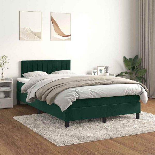 vidaXL Cama boxspring com colch&atilde;o 120x190 cm veludo verde-escuro