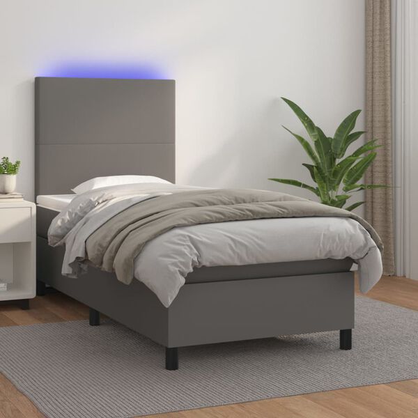 vidaXL Cama box spring c/ colch&atilde;o/LED 80x200 cm couro artificial cinza