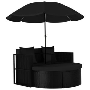 vidaXL Espregui&ccedil;adeira para jardim com guarda-sol vime PE preto