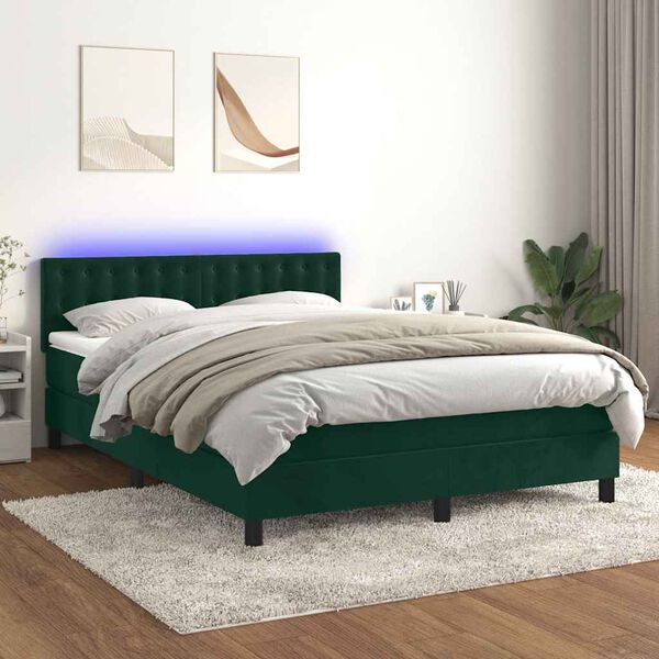 vidaXL Cama box spring c/ colch&atilde;o/LED 140x200 cm veludo verde-escuro