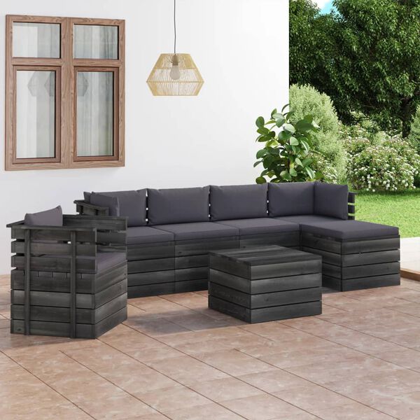vidaXL 7 pcs conjunto lounge de paletes com almofad&otilde;es pinho maci&ccedil;o
