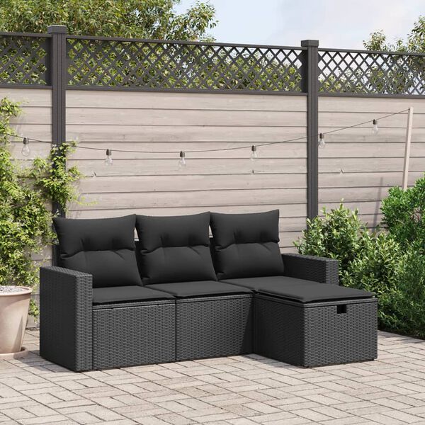 vidaXL 4 pcs conjunto de sof&aacute;s para jardim c/ almofad&otilde;es vime PE preto