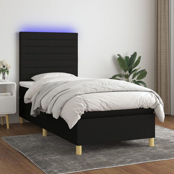 vidaXL Cama box spring c/ colch&atilde;o e LED 90x200 cm tecido preto