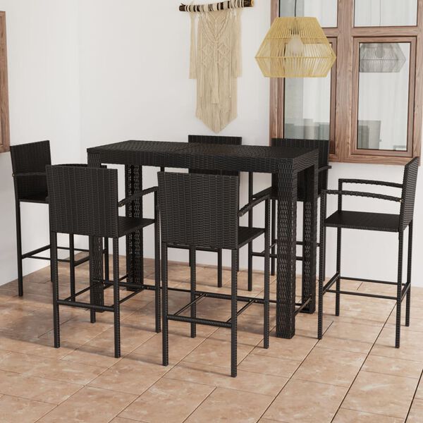 vidaXL Conjunto de bar exterior c/ apoio de bra&ccedil;os 7 pcs vime PE preto