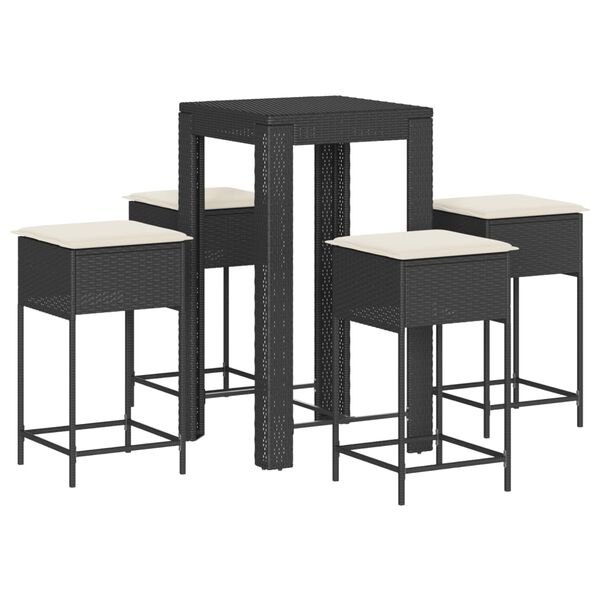 vidaXL 5 pcs conjunto de bar p/ jardim c/ almofad&otilde;es vime PE preto
