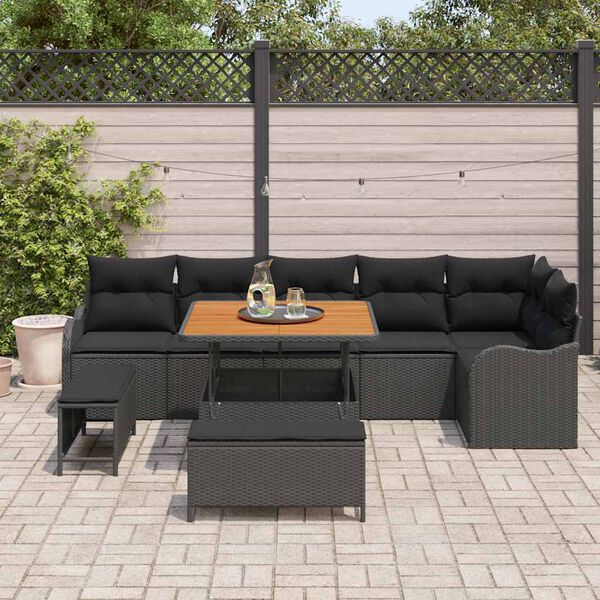 vidaXL Conjunto de Sof&aacute; de Jardim com almofada 9 pcs Preto vime PE