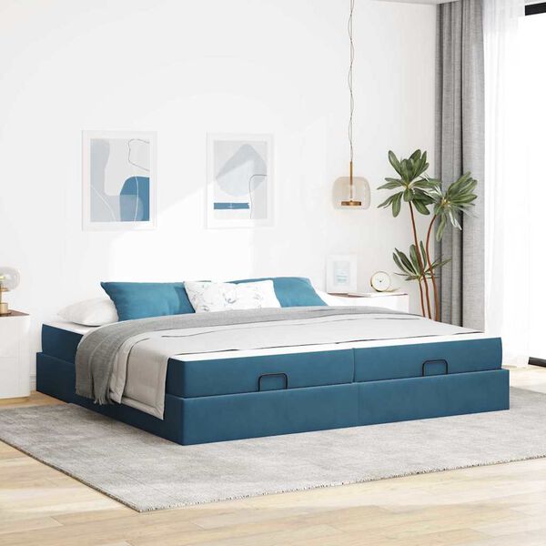vidaXL Estrutura de cama com colch&atilde;o com colch&atilde;o 2 pcs Azul Veludo