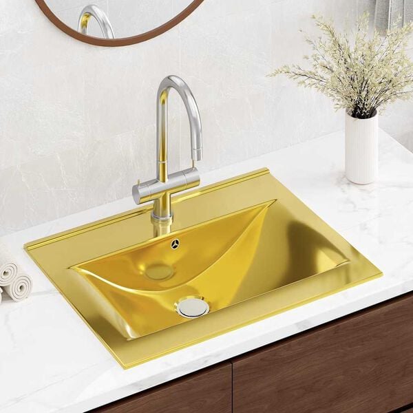 vidaXL Lavat&oacute;rio com extravasamento 60x46x16 cm cer&acirc;mica dourado