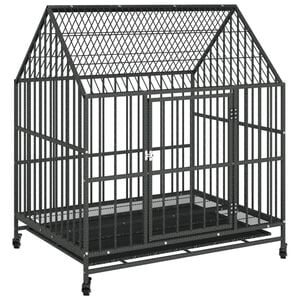 vidaXL Jaula para c&atilde;o com rodas a&ccedil;o galvanizado preto
