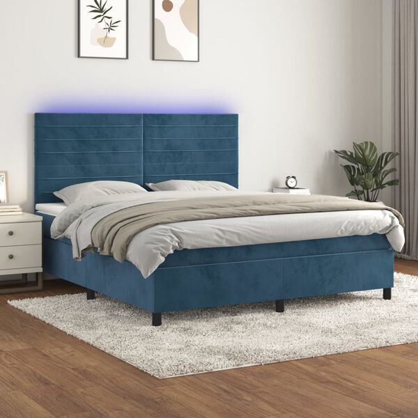 vidaXL Cama box spring c/ colch&atilde;o/LED 180x200 cm veludo azul-escuro