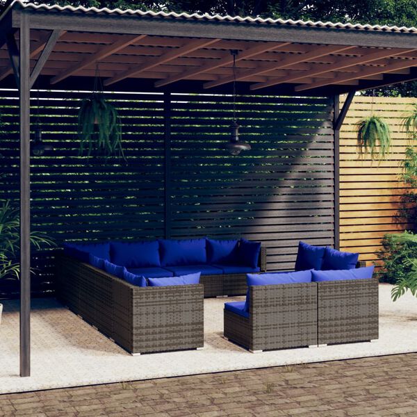 vidaXL 12 pcs conjunto lounge de jardim c/ almofad&otilde;es vime PE cinzento