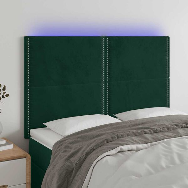vidaXL Cabeceira de cama c/ LED veludo 144x5x118/128 cm verde-escuro