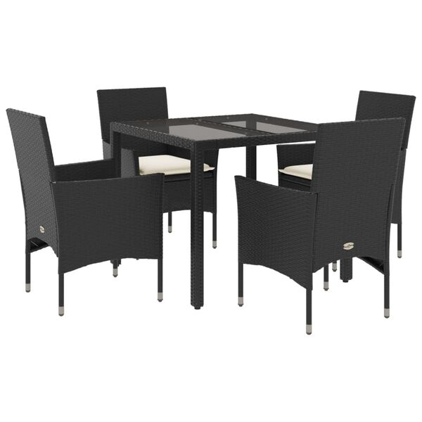 vidaXL 5 pcs conjunto jantar jardim c/ almofadões vime PE/vidro preto