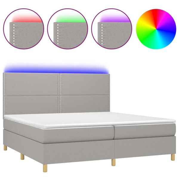 vidaXL Cama box spring c/ colchão e LED 200x200 cm tecido cinza-claro