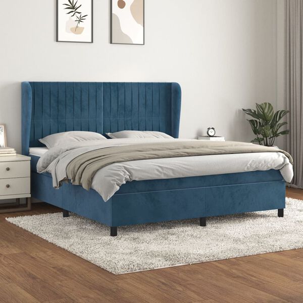 vidaXL Cama com molas/colch&atilde;o 160x200 cm veludo azul-escuro