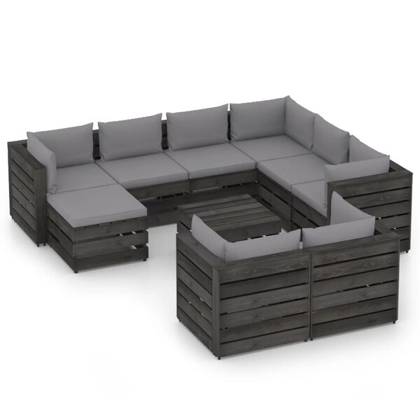 vidaXL 10pcs conj. lounge jardim + almofad&otilde;es madeira impreg. cinzento