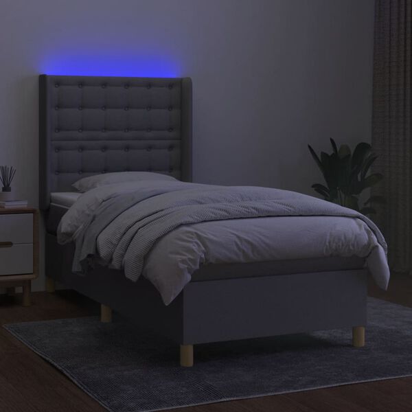 vidaXL Cama box spring c/ colch&atilde;o e LED 90x200 cm tecido cinza-claro