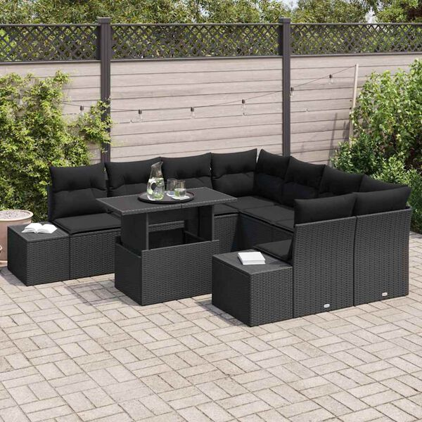 vidaXL Conjunto de Sof&aacute; de Jardim com almofada 9 pcs Preto vime PE