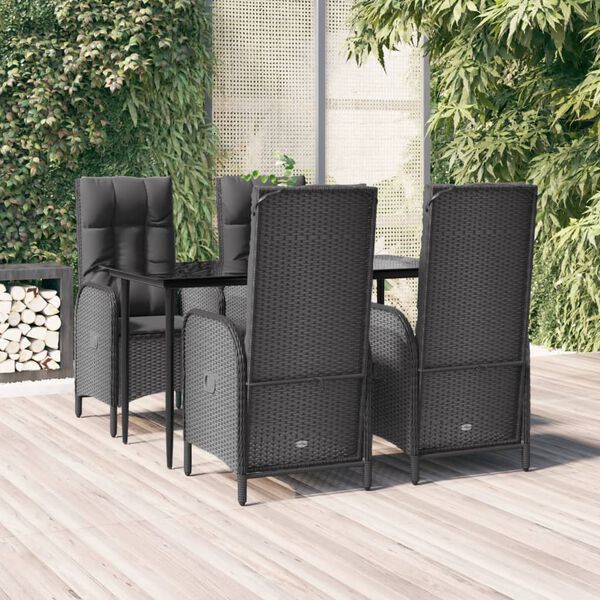 vidaXL 5 pcs conjunto de jantar p/ jardim c/ almofad&otilde;es vime PE preto