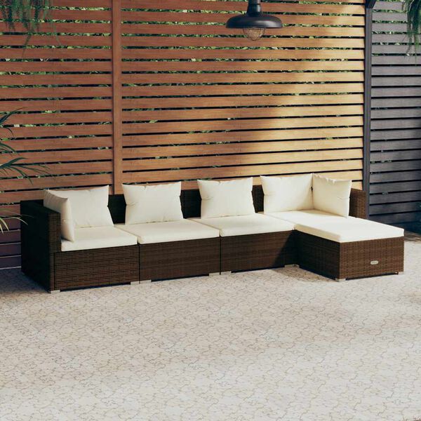 vidaXL 5 pcs conjunto lounge jardim c/ almofad&otilde;es vime PE castanho