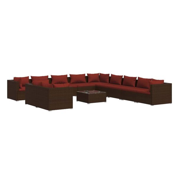 vidaXL 12 pcs conjunto lounge jardim c/ almofad&otilde;es vime PE castanho