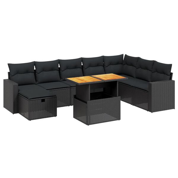 vidaXL 9 pcs conjunto de sof&aacute;s p/ jardim c/ almofad&otilde;es vime PE preto