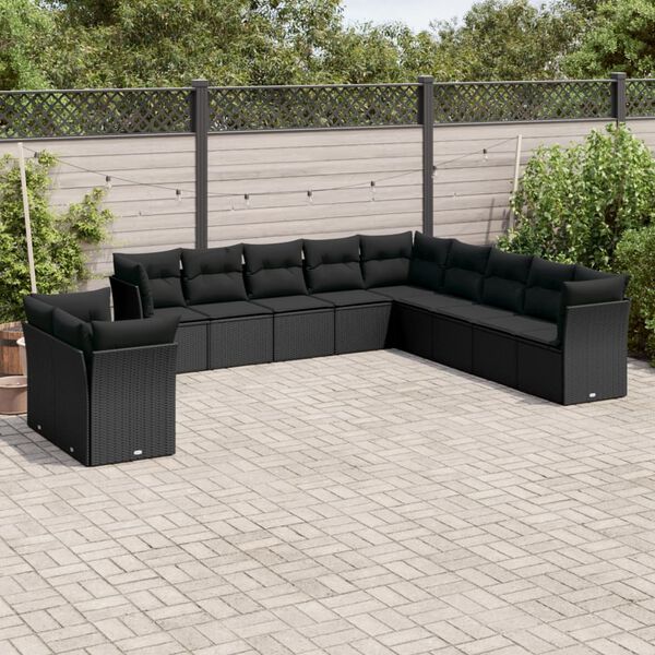 vidaXL 11 pcs conjunto sof&aacute;s de jardim c/ almofad&otilde;es vime PE preto