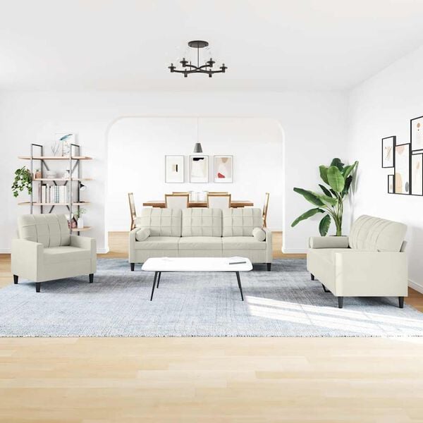 vidaXL 3 pcs conjunto de sofás com almofadões e rolos veludo creme