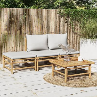 vidaXL 4 pcs conj. lounge de jardim bambu c/ almofadões cinzento-claro