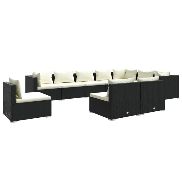 vidaXL 10 pcs conjunto lounge de jardim c/ almofad&otilde;es vime PE preto